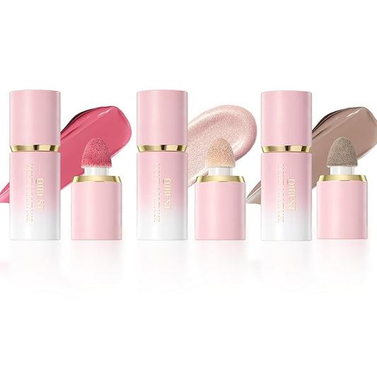 URQT 3PCS Highly Pigmented Liquid Contour - Built-in Sponge Tip Sculpted Complexion Wand Long Lasting Natural Buildable Highlighters Contouring Bronzer (Contour+Highlighter+Blush)