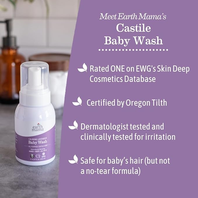 Earth Mama Calming Lavender Baby Wash Liquid Foaming Hand Soap, Organic All-Purpose Lavender Body Wash for Sensitive Skin, Castile Soap with Coconut Oil, Shea Butter, & Calendula