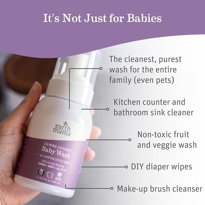 Earth Mama Calming Lavender Baby Wash Liquid Foaming Hand Soap, Organic All-Purpose Lavender Body Wash for Sensitive Skin, Castile Soap with Coconut Oil, Shea Butter, & Calendula