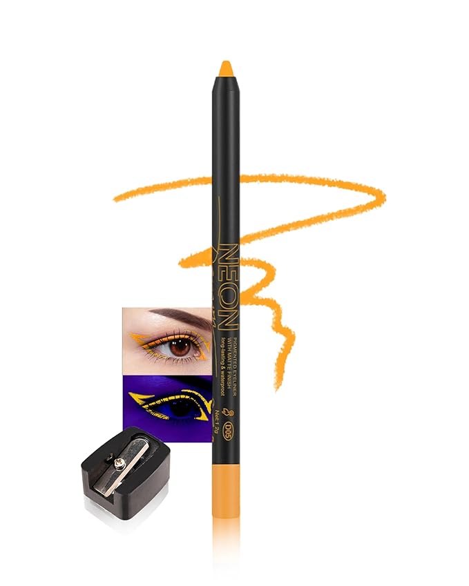 UV Neon Colored Gel Eyeliner Pencil, Matte Rainbow Colorful Eyeliner Pencils Glow in the Dark Makeup, Waterproof Long Lasting Eye Liner Pen with Sharpener for Halloween Face Body Painting-B05 Orange