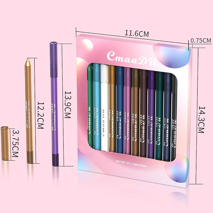 12Pcs Colored Gel Glitter Eyeliner Pencils Set Dark Light Emerald Green Sky Royal Blue Black White Pink Purple Brown Gold Eyeliner Pencils Eye Liner Liquid Liner Waterproof Smudge Proof delineadores