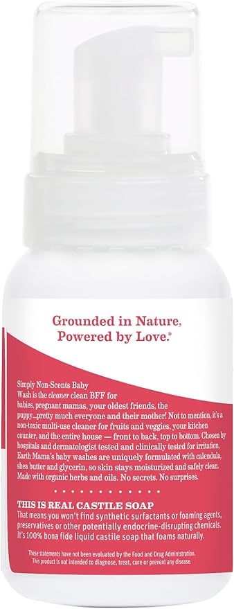 Earth Mama Baby Wash Liquid Foaming Hand Soap, Organic All-Purpose Body Wash for Sensitive Skin, Castile Soap with Coconut Oil, Shea Butter, Calendula, & Aloe, Unscented, 6.27 Fl Oz (Pack of 1)