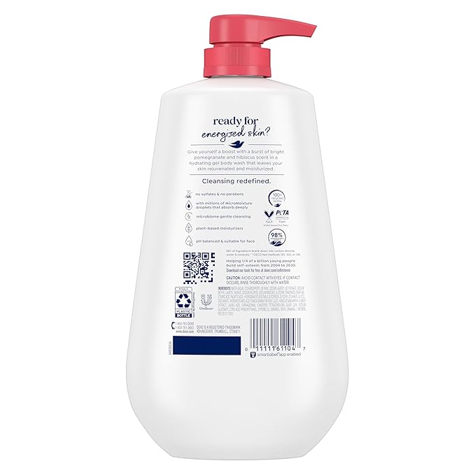 Dove Body Wash with Pump Rejuvenate Pomegranate & Hibiscus for 24hr Lotion-Soft Skin Moisturizing Skin Cleanser with No Sulfates No Parabens 30.6 Oz