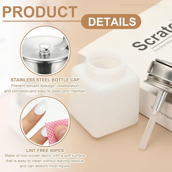 YOKIVE Alcohol Dispenser, 250ml(8.5oz) Pump Dispenser Bottle Push Down for Nail Polish Remover Acetone Cleanser with 200Pcs Lint Free Nail Wipes, White(Splash-proof Pump Head)