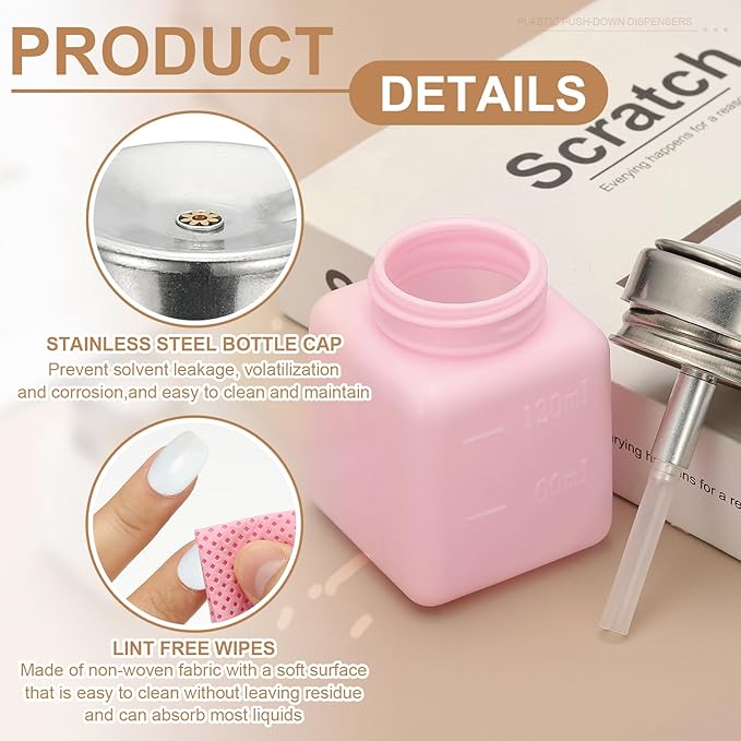 YOKIVE Alcohol Dispenser, 250ml(8.5oz) Pump Dispenser Bottle Push Down for Eye Makeup Nail Polish Remover Acetone Cleanser with 200Pcs Lint Free Nail Wipes, Pink