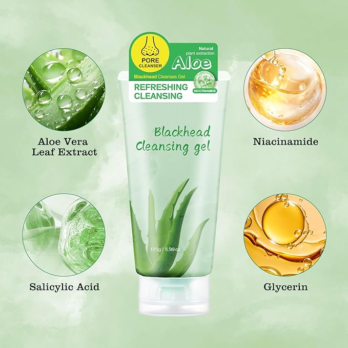 Aloe Vera Blackhead Cleasing Gel for Face Nose Body,Deep Cleaning,Moisturizing,Oil Contarol,Facial Exfoliating Gel for All Types Skin (6 Oz)