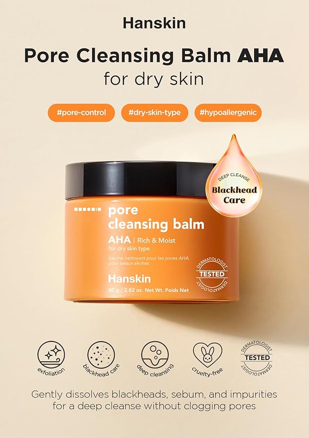 Hanskin AHA Pore Cleansing Balm – Korean Melting Balm Cleanser, Gentle Makeup Remover for Dry, Dull Skin | Solid-to-Oil Cleanser with AHA & Nourishing Oils | K-Beauty | 2.82 oz