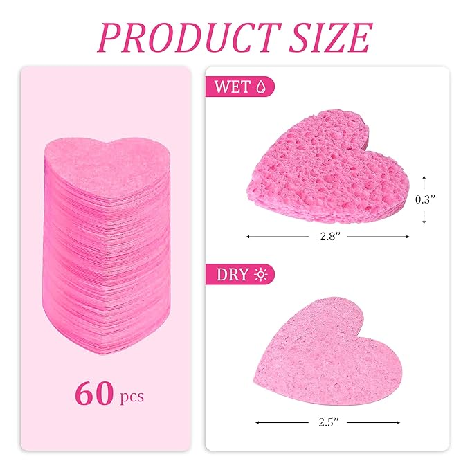 Women 60-Count Compressed Cellulose Heart Shape Face Facial Sponges 100% Natural Cosmetic Sponges for Facial Cleansing Exfoliating Mask Skin Massage (Pink)