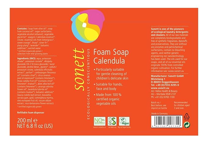 Sonett Organic Foam Soap Calendula for children liquid body care suitable for hands, face and body (1 Count) Certified Organically Grown