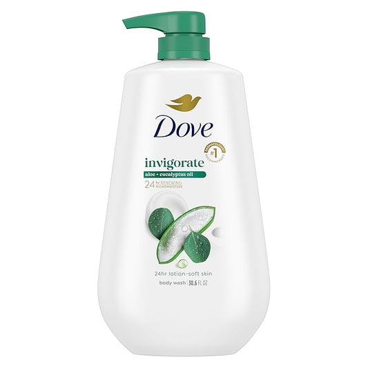 Dove Body Wash with Pump Invigorate Aloe & Eucalyptus For 24hr Lotion-Soft Skin Moisturizing Skin Cleanser with No Sulfates No Parabens 30.6 Oz