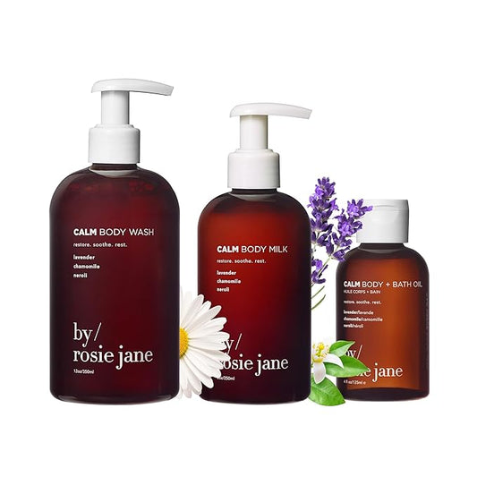 By Rosie Jane Calm Body Care Bundle – Calm Bath & Body Oil (125ml), Milky Body Lotion with AHA (250ml), Everyday Body Wash with Lavender & Chamomile (350ml), Relaxing Aromatherapy Trio