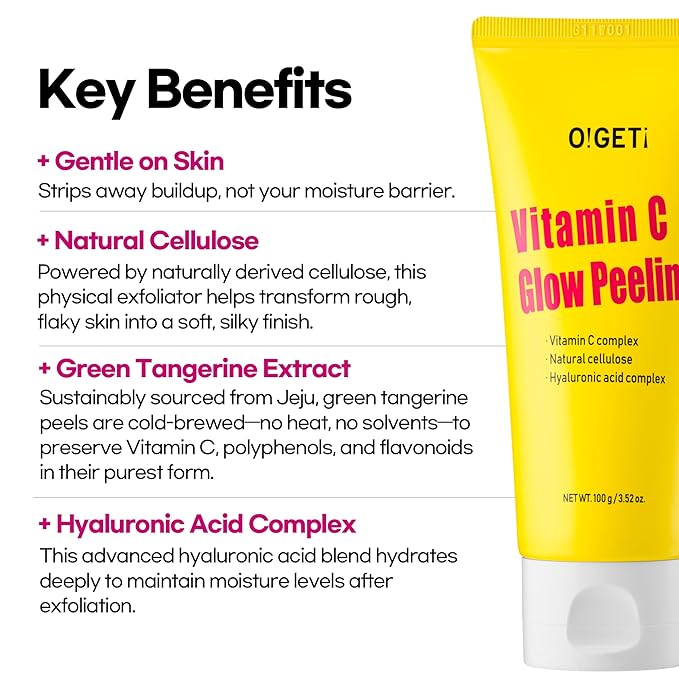 Vitamin C Glow Peeling Gel, Natural Cellulose & AHA Exfoliator, Vitamin C Complex, Upcycled Green Tangerine, Sensitive Skin Safe, 3.6oz