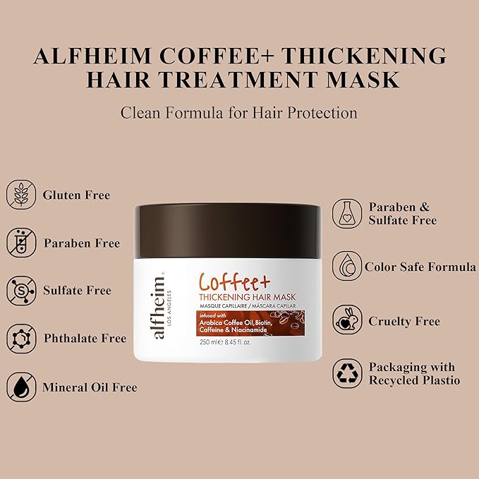 ALFHEIM Coffee+ Thickening Hair Mask for Fine, Weak & Thinning Hair with Caffeine, Biotin & Arabica Coffee Oil – Deep Repair, Strengthening & Volumizing Treatment – Sulfate-Free – 8.45 oz / 250 ml