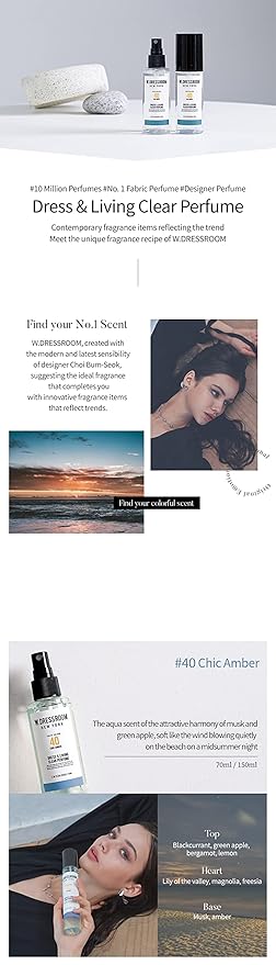 W.Dressroom No.40 Chic Amber Living Clear Perfume, Body Mist & Fabric Spray Deodorizer, Alcohol-Free Water-Based, Odor Neutralizer for Clothes, Bedding & Room, Travel Size 2.36 oz