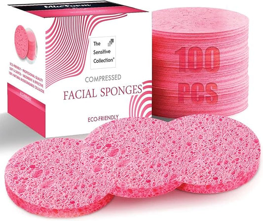 100-Count Compressed Facial Sponges, 100% Natural Cosmetic Spa Sponges for Facial Cleansing, Exfoliating Mask Pink Round