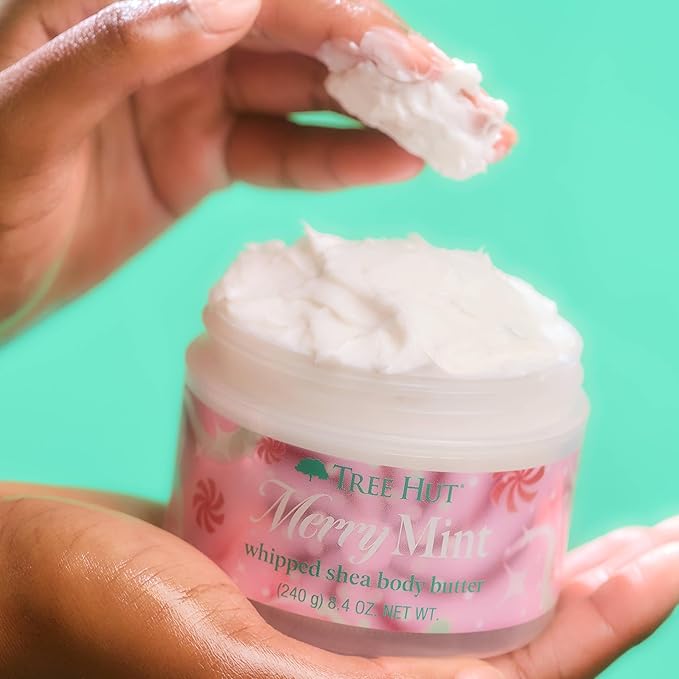 Tree Hut Merry Mint Whipped Shea Body Butter, Long-Lasting Hydration for Soft, Smooth Skin, Nourishing Essential Body Care, Lightweight Moisturizer, Holiday Gift & Stocking Stuffer, 8.4 fl oz