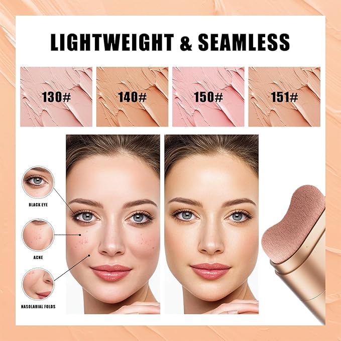 Double-ended Concealer Stick Foundation Stick with Built-in Soft Brush and Natural Finish Concealer Foundation Sticks for Multi-Use Face Makeup (#130 Soft Sand)