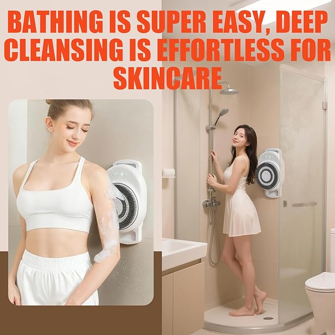 Wall Mounted Electric Back Scrubber for Daily Bath Shower, Waterproof Design with 360° Rotation 3-Speed, Easy to Install & Adjustable Large Brush Head with Soft Bristles for Exfoliating,Deep Cleansing