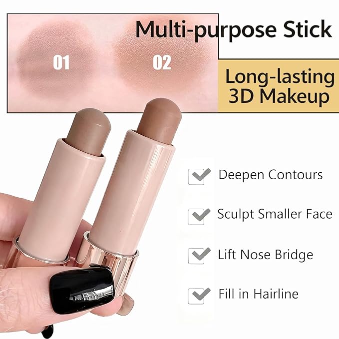Warm Toned Contour Stick, Natural Buildable Coverage Cream Contour Bronzer Stick,Smooth Blendable Face & Nose Shading, Travel-Ready Long Wear Face Shaping Makeup (02#Natural Brown)
