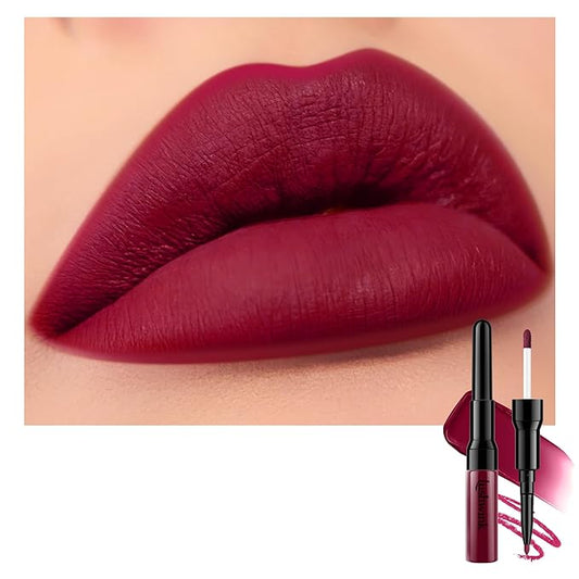 Burgundy Matte Liquid Lipstick and Lip Liner Set for Women, Long Lasting Waterproof Lipsticks 24 Hours Smudgeproof Lip Liner and Lipstick Combo, A18