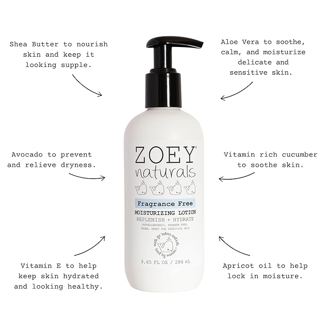 Zoey Naturals Fragrance-Free Baby & Toddler Lotion – Pediatrician and Dermatologist Approved - Hypoallergenic, Vegan, Moisturizer for Sensitive Skin – Non-Greasy, Paraben & Phthalate Free – 9.65 oz