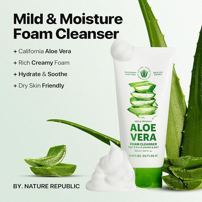 Nature Republic Mild & Moisture Aloe Vera Foam Cleanser Hydration & Moisturizing makeup remover, Pore Cleansing aloe face wash,Korean Skin Care for All Skin Types 150ml / 5.07 fl Oz