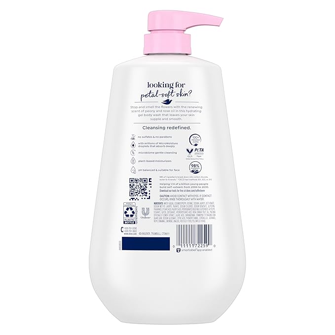 Dove Body Wash with Pump Renew Peony & Rose Oil For 24hr Lotion-Soft Skin Moisturizing Skin Cleanser with No Sulfates No Parabens 30.6 Oz