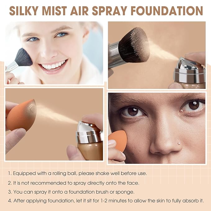 AirBrush Foundation Spray, Silky Mist Spray Makeup Kit with Brush, Full Coverage Foundation for Smooth Radiant Finish, Formula Breathable Lightweight Hydrating | #02 Nude
