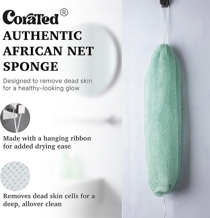 CORATED African Net Sponge Authentic, Shower Loofah Exfoliating Bath Sponge, Body Scrubber for Women and Men Daily Use Body Care, Portable Bath Accessories for Bathroom (Light Purple & Light Green)