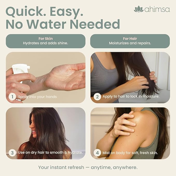 Ahimsa Hair and Body Mist Glow Spray, Fast-Drying Non-Greasy Dry Oil Hair Perfume Spray, Body Mist for Women with Jasmine, Coconut, & Argan Oil, All Natural Perfume Women Lightweight Fragrance Mists