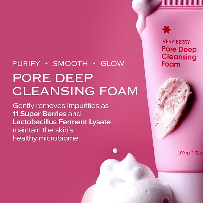VERY BERRY Pore Deep Cleansing Foam | Berry Complex+Micro Biome for Moisture & Healthy Glow | Gentle Exfoliating Face Scrub for Bumpy Skin | Pore Cleanser | 100g/ 3.52 FL OZ