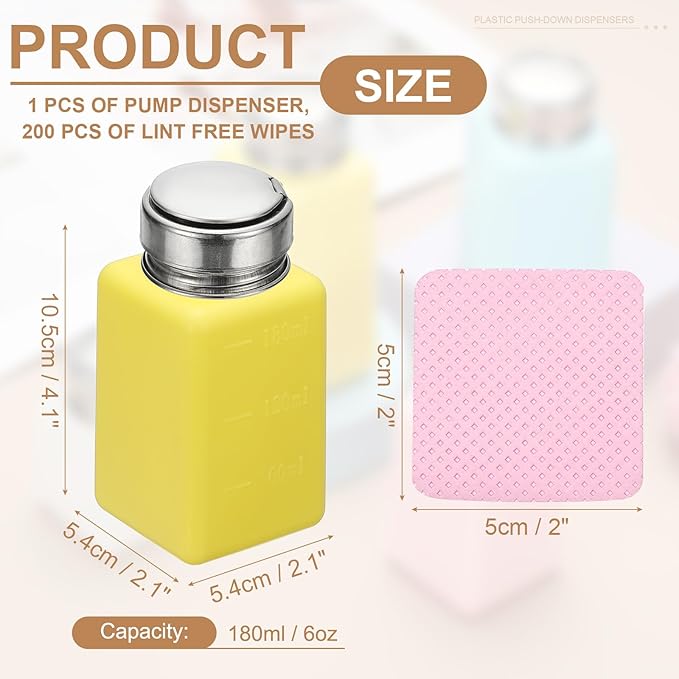 YOKIVE Alcohol Dispenser, 180ml(6oz) Pump Dispenser Bottle Push Down for Eye Makeup Nail Polish Remover Acetone Cleanser with 200Pcs Lint Free Nail Wipes, Yellow