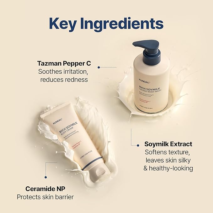 KUNDAL Soymilk Body Wash & Body Cream Set, Moisturizing Body Care with Ceramides, Hydrating Skincare Duo for Dry Skin, Mellow Vanilla Scent (16.9 fl oz + 6.76 fl oz)