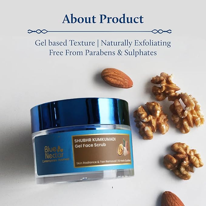 Blue Nectar Kumkumadi Gel Scrub | Non-Drying Face Scrub for Glowing Skin and Tan Removal | Plant Based Vitamin E | with Almond, Turmeric and Walnut, (10 Herbs, 1.76 fl oz)