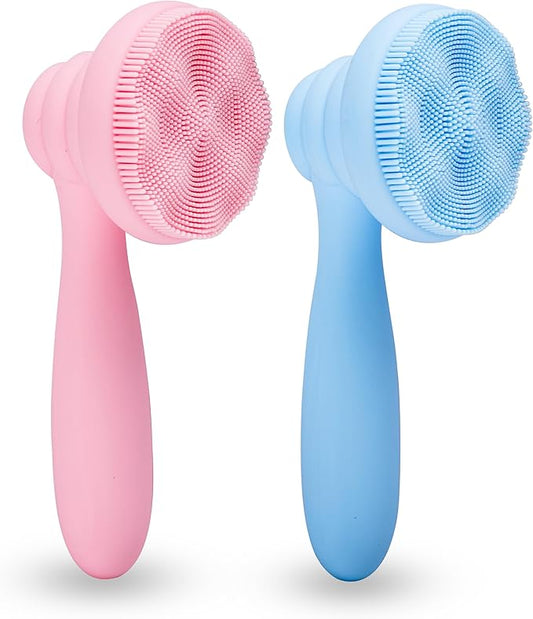 2 PC Silicone Facial Cleansing Brush Facial Scrubber Manual Exfoliating Facial Brush Face Cleanser Face Exfoliator Ultrafine Bristles for Sensitive Skin Easy to Clean Lather Well(Pink&Blue)