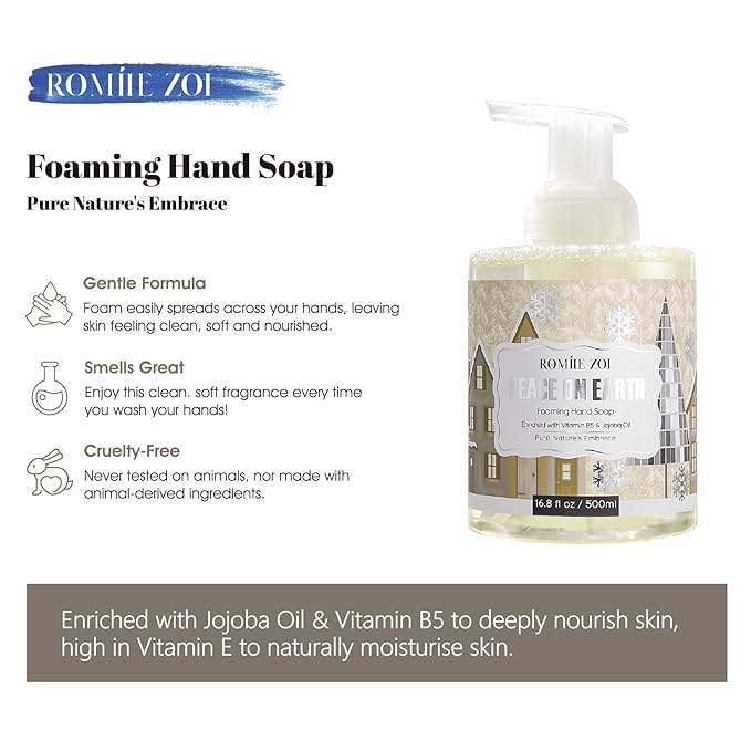 ROMIIE ZOI Christmas Foaming Hand Soap with Gift Box- Peace of Earth Design, Cozy Cypress Scented - Holiday Bathroom Soap for Winter Home Decor, Stocking Stuffer, and Gift – 500ml / 16.8oz