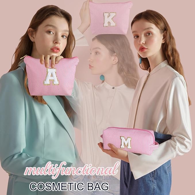 YOOLIFE Travel Makeup Bag Cosmetic Bag - Make Up Bag with Makeup Brush Bag Monogram Makeup Pouch Bag 2 Pieces Cute Makeup Bag Personalized Gifts Best Friend Birthday Gifts for Women Pink Letter Y