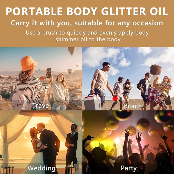 Shimmer Body Oil with Brush, Portable Long Lasting Body Glow Oil for Body & Face, Waterproof & Natural Moisturizing Liquid Highlighter Makeup for All Skin, Travel, Wedding, Party, Light Gold