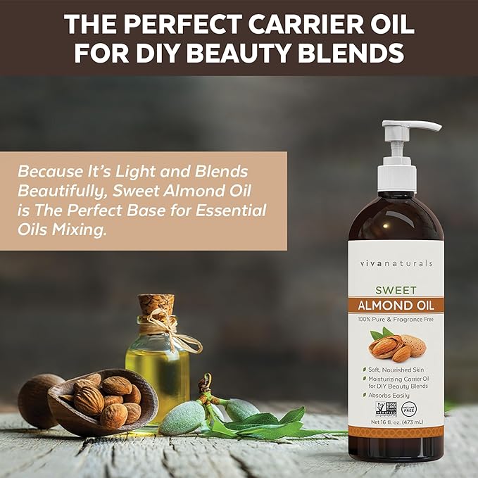 Viva Naturals Sweet Almond Oil, 16 fl. oz – Skin & Hair Moisturizer, Body & Massage Oil, Carrier Oil for Essential Oils, Non-Greasy & Pure