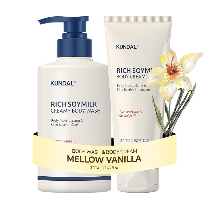 KUNDAL Soymilk Body Wash & Body Cream Set, Moisturizing Body Care with Ceramides, Hydrating Skincare Duo for Dry Skin, Mellow Vanilla Scent (16.9 fl oz + 6.76 fl oz)