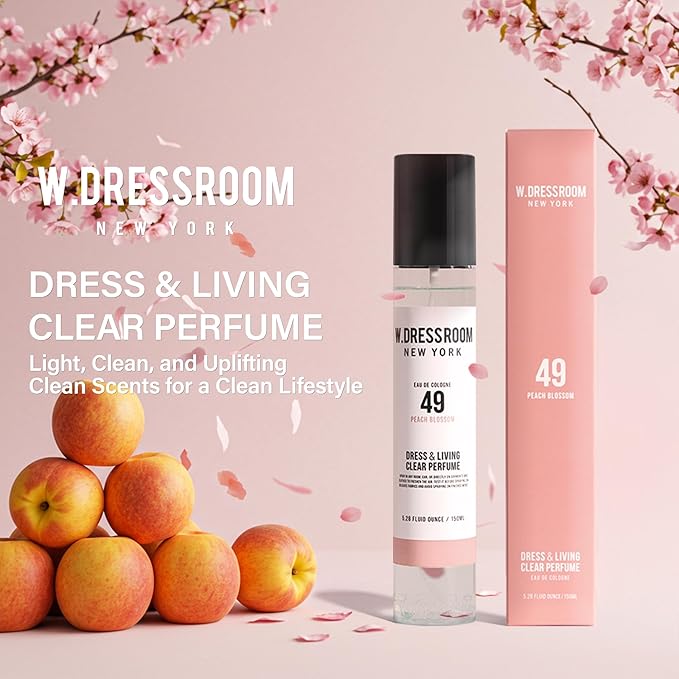W.Dressroom No.49 Peach Blossom Living Clear Perfume, Body Mist, Long-Lasting Unisex, Alcohol-Free Water-Based, Spray on Skin, Clothes, Bedding & Car, Travel Size 5.28 oz