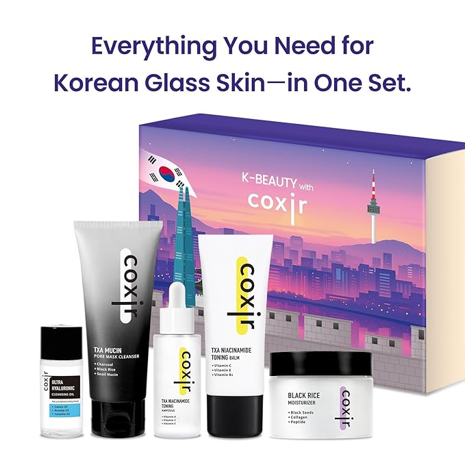 [Christmas Gift Set]coxir K-Beauty Seoul Glow Set – 5-Step Korean Skincare Routine with TXA & Black Rice – Cleansing oil, Mask Cleanser, Ampoule, Balm & Moisturizer,korean skincare,Holiday Gift