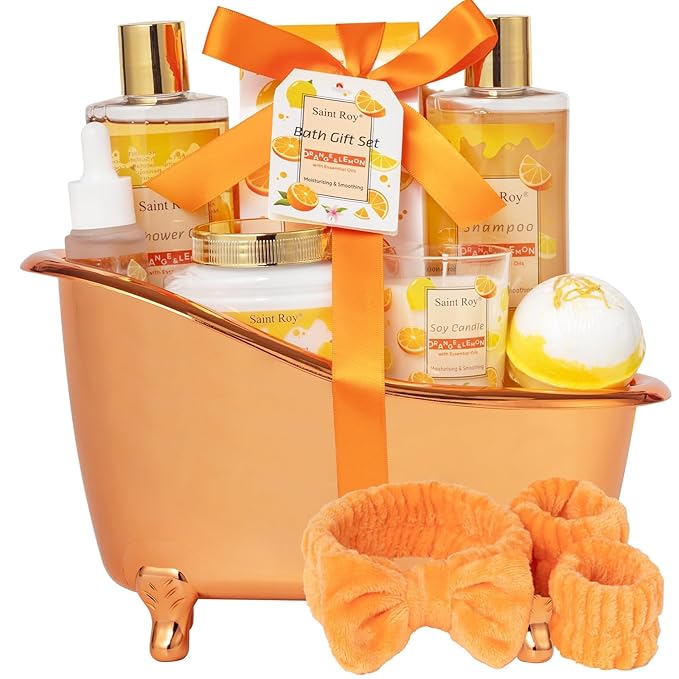 Orange Scents spa gift set Great Gift Lemon Spa Gifts for girls, Body care Set Birthday Gifts, Gift Baskets for Woman, 11pcs Bath Gift Set for Women, Christmas Gifts for Women Citrus Spa Gift Basket