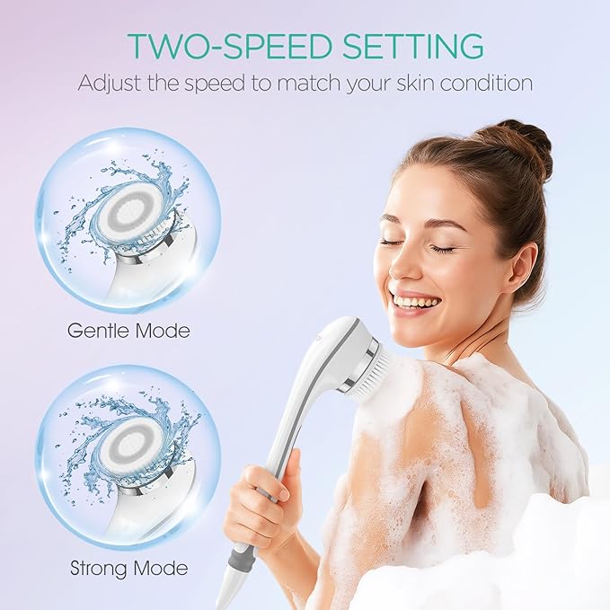 VOYOR Electric Body Brush Back Scrubber for Shower Rechargeable Exfoliating Bath Brush Powered Shower Brush with Non-Slip Long Handle Deep Cleansing, Exfoliation, Massaging Spin Brush BC100 (Grey)