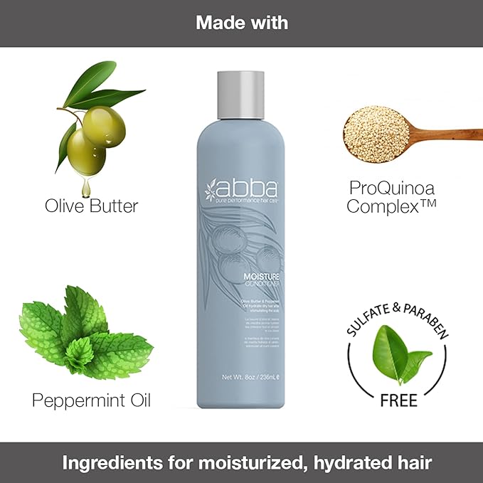 ABBA - Pure Moisture Shampoo & Conditioner Duo - Eliminates Frizz Cleanses, Hydrates & Strengthens Hair- Olive Butter & Peppermint Oil, 32 fl oz Each