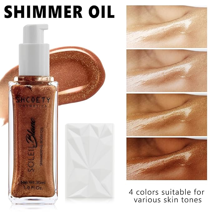 Shimmer Body Oil with Brush, Portable Long Lasting Body Glow Oil for Body & Face, Waterproof & Natural Moisturizing Liquid Highlighter Makeup for All Skin, Travel, Wedding, Party, Bronze Gold