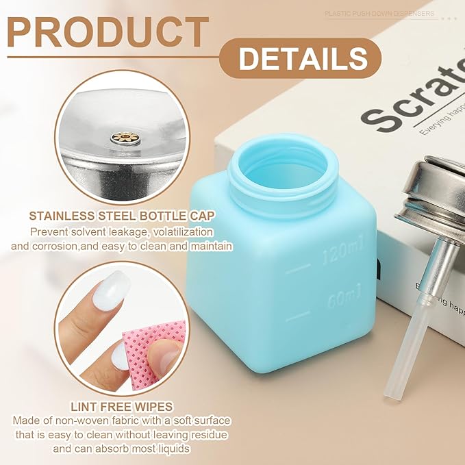 YOKIVE Alcohol Dispenser, 120ml(4oz) Pump Dispenser Bottle Push Down for Eye Makeup Nail Polish Remover Acetone Cleanser with 200Pcs Lint Free Nail Wipes, Blue