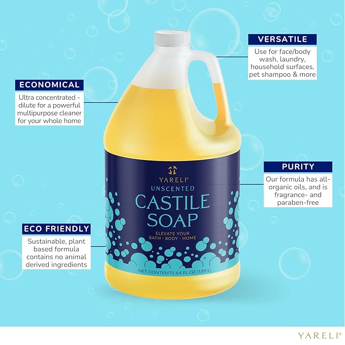 YARELI Pure Castile Soap Liquid, Unscented, with All Organic Oils for Adults, Kids and Babies as Body Wash or Hand Soap, 64oz Refill