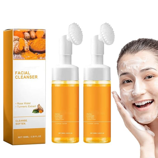 2 Pcs Glow Wash Turmeric Face Wash With Brush, Deep Cleansing Scrub Exfoliating Turmeric Foaming Facial Cleanser.