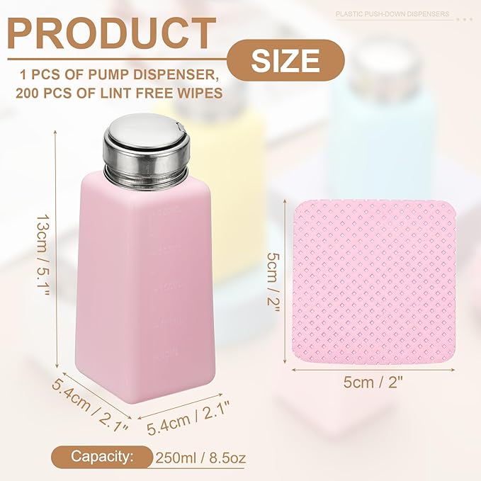 YOKIVE Alcohol Dispenser, 250ml(8.5oz) Pump Dispenser Bottle Push Down for Nail Polish Remover Acetone Cleanser with 200Pcs Lint Free Nail Wipes, Pink(Splash-proof Pump Head)